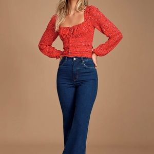 Free People Red Floral Long Sleeve Crop Blouse Size S
